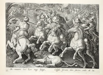 Eine Löwenjagd mit Speeren, Illustration aus 